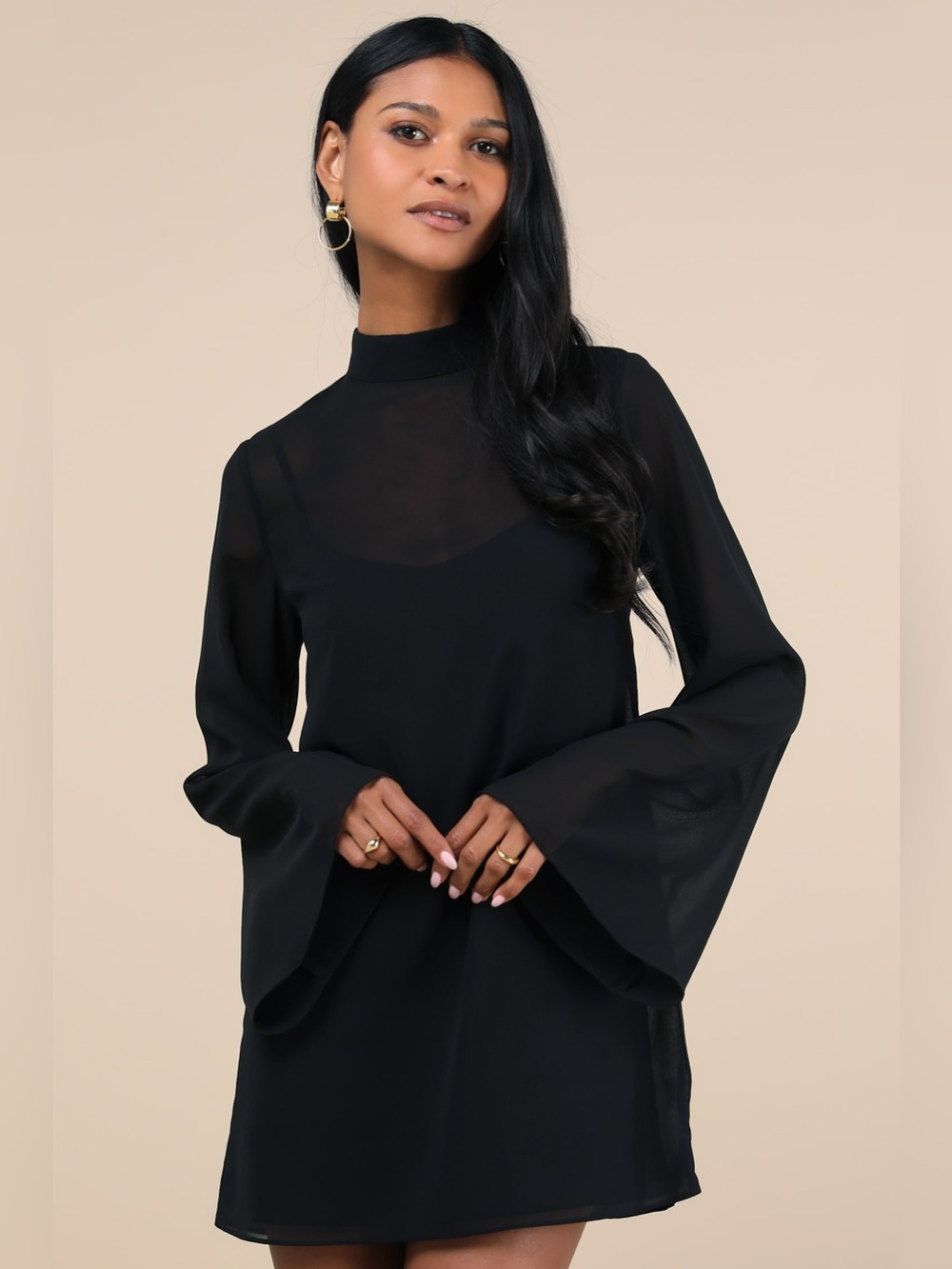 LULUS Sheer Chiffon Mockneck Bell Sleeve Whimsigoth Dark Romance Slip Dress XS